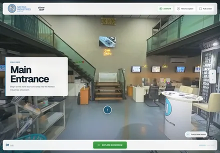 Actual Neetoo Industries & Co. Ltd virtual showroom interface, showing the main entrance and 360° navigation controls